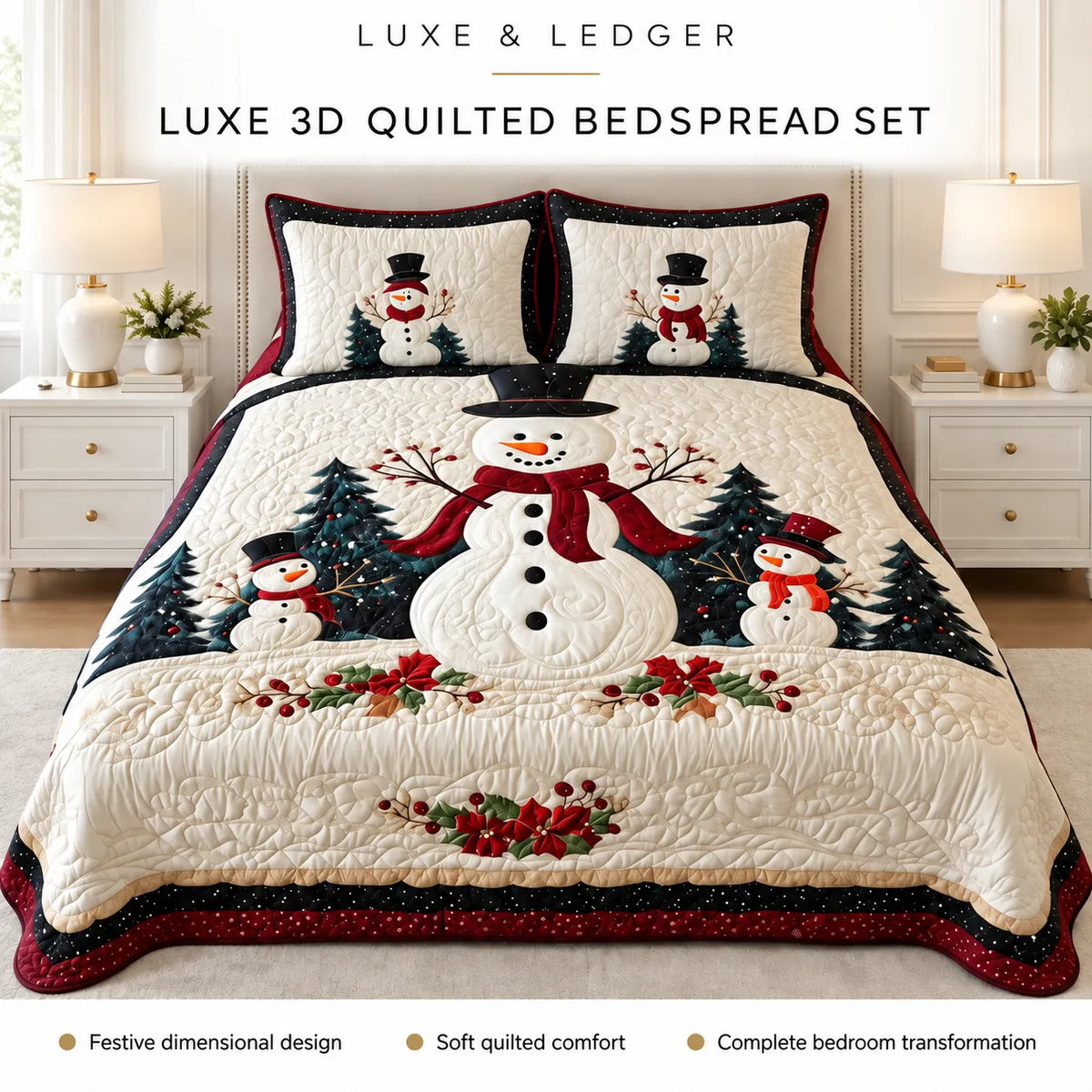 A festive Christmas-themed quilted bedspread set displayed on a bed in a styled bedroom. The set includes a large quilted bedspread and two matching pillow shams featuring embroidered snowmen, evergreen trees, and red holiday accents.