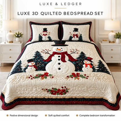 A festive Christmas-themed quilted bedspread set displayed on a bed in a styled bedroom. The set includes a large quilted bedspread and two matching pillow shams featuring embroidered snowmen, evergreen trees, and red holiday accents.