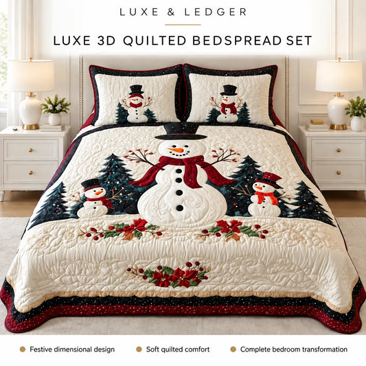 A festive Christmas-themed quilted bedspread set displayed on a bed in a styled bedroom. The set includes a large quilted bedspread and two matching pillow shams featuring embroidered snowmen, evergreen trees, and red holiday accents.