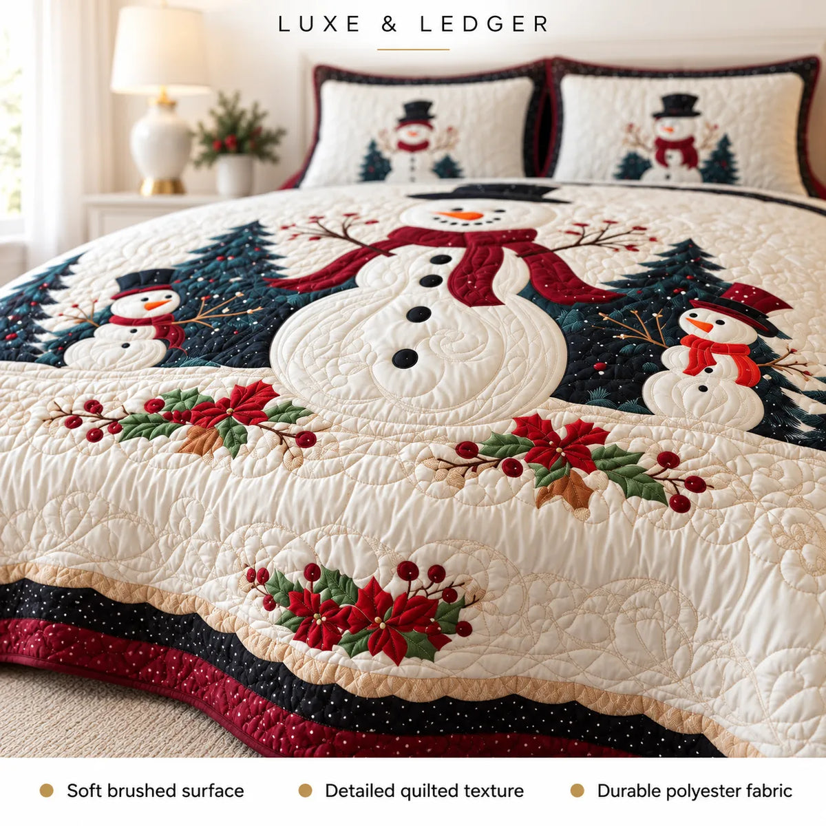 A festive quilted bedding set featuring a large embroidered snowman, smaller snowmen, Christmas trees, red berries, and poinsettias on an off-white background. Two matching pillowcases are shown behind the quilt.