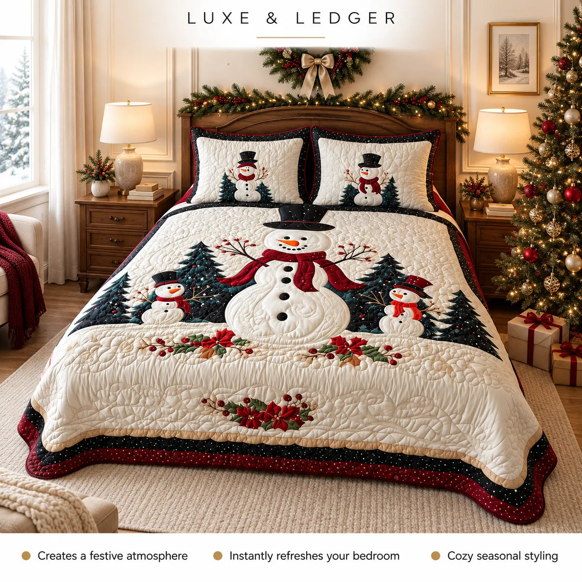 A festive Christmas-themed quilted bedspread set with matching pillowcases, featuring a large snowman design with smaller snowmen, evergreen trees, and red berries. The bedding is styled on a wooden bed in a decorated bedroom with a Christmas tree, bedside lamps, and a 'LUXE & LEDGER' banner at the top.
