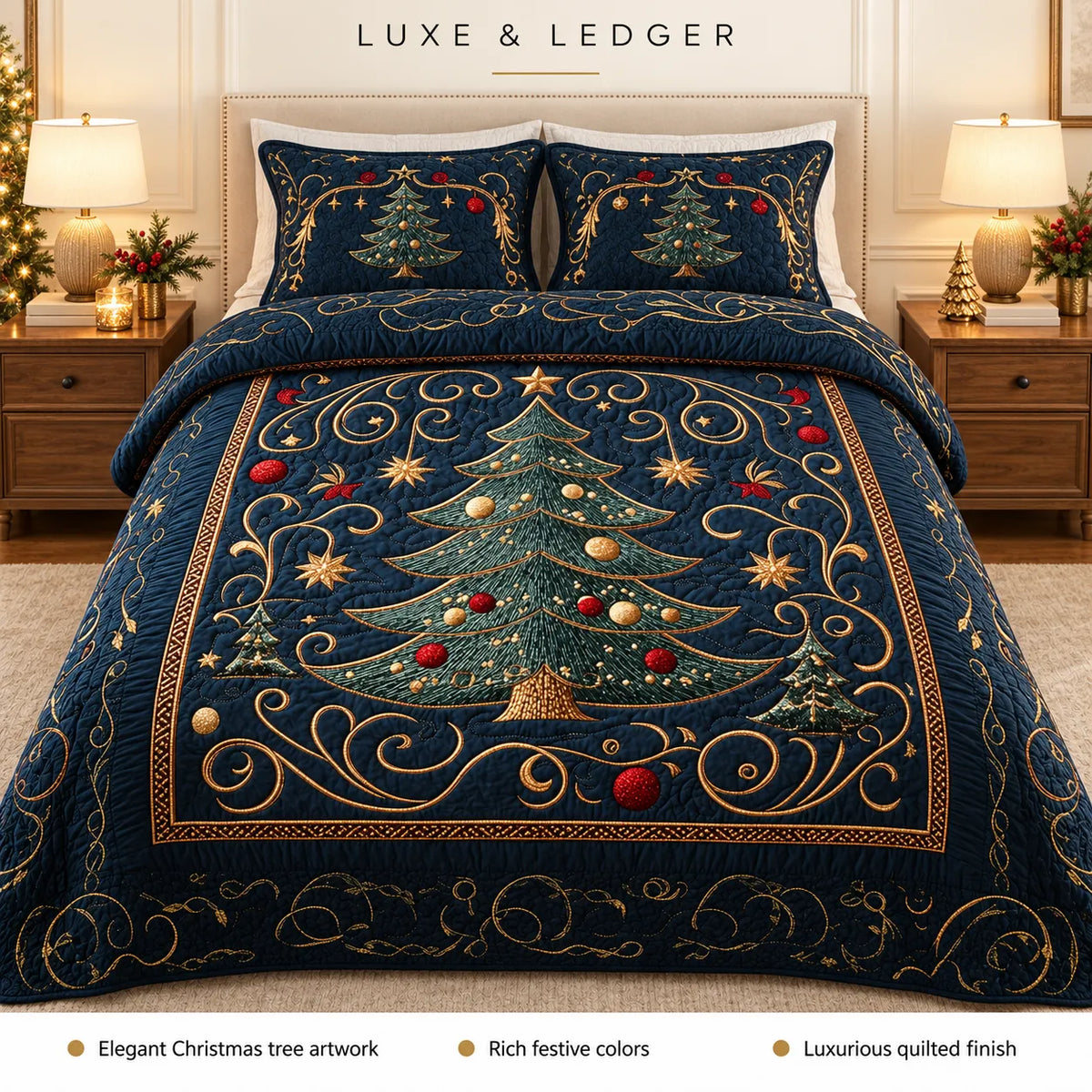 A luxury quilted bedding set featuring a large embroidered Christmas tree design in teal, gold, and red on a dark navy blue background, shown on a bed with matching pillowcases. The brand name 'LUXE & LEDGER' is displayed at the top, and a feature summary bar is at the bottom.