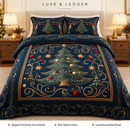 A luxury quilted bedding set featuring a large embroidered Christmas tree design in teal, gold, and red on a dark navy blue background, shown on a bed with matching pillowcases. The brand name 'LUXE & LEDGER' is displayed at the top, and a feature summary bar is at the bottom.