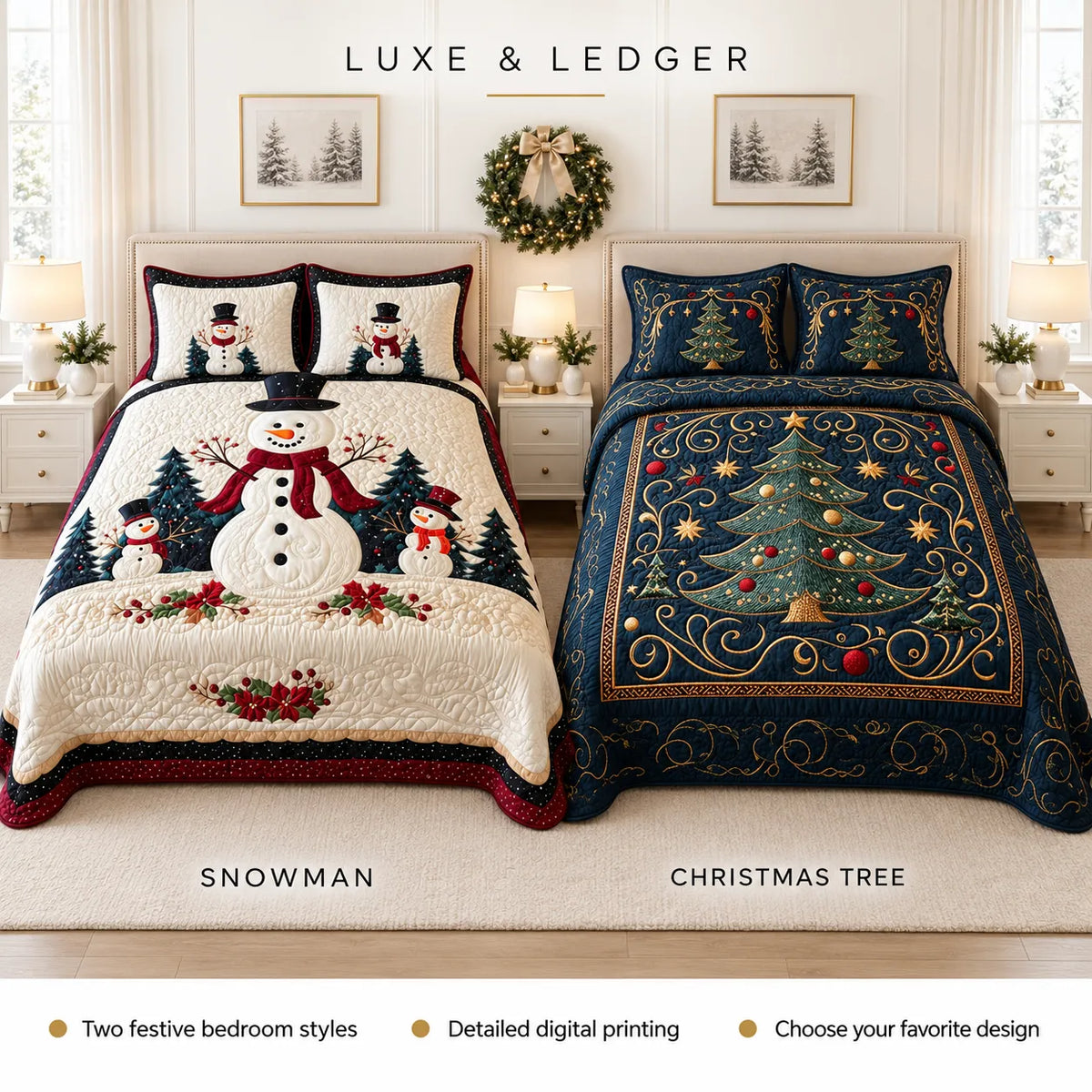 Two festive quilted bedding sets displayed side by side in a bright bedroom setting. The left set, labeled 'SNOWMAN', features a cream quilt with a snowman design and matching pillows.