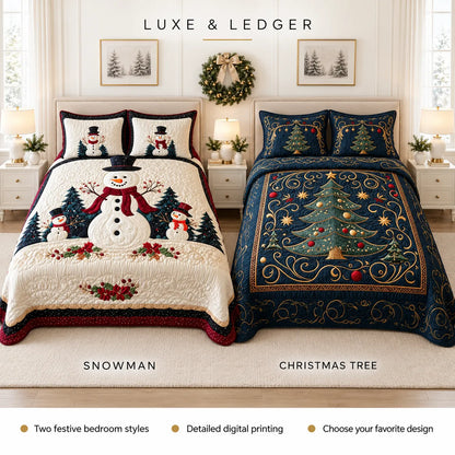 Two festive quilted bedding sets displayed side by side in a bright bedroom setting. The left set, labeled 'SNOWMAN', features a cream quilt with a snowman design and matching pillows.
