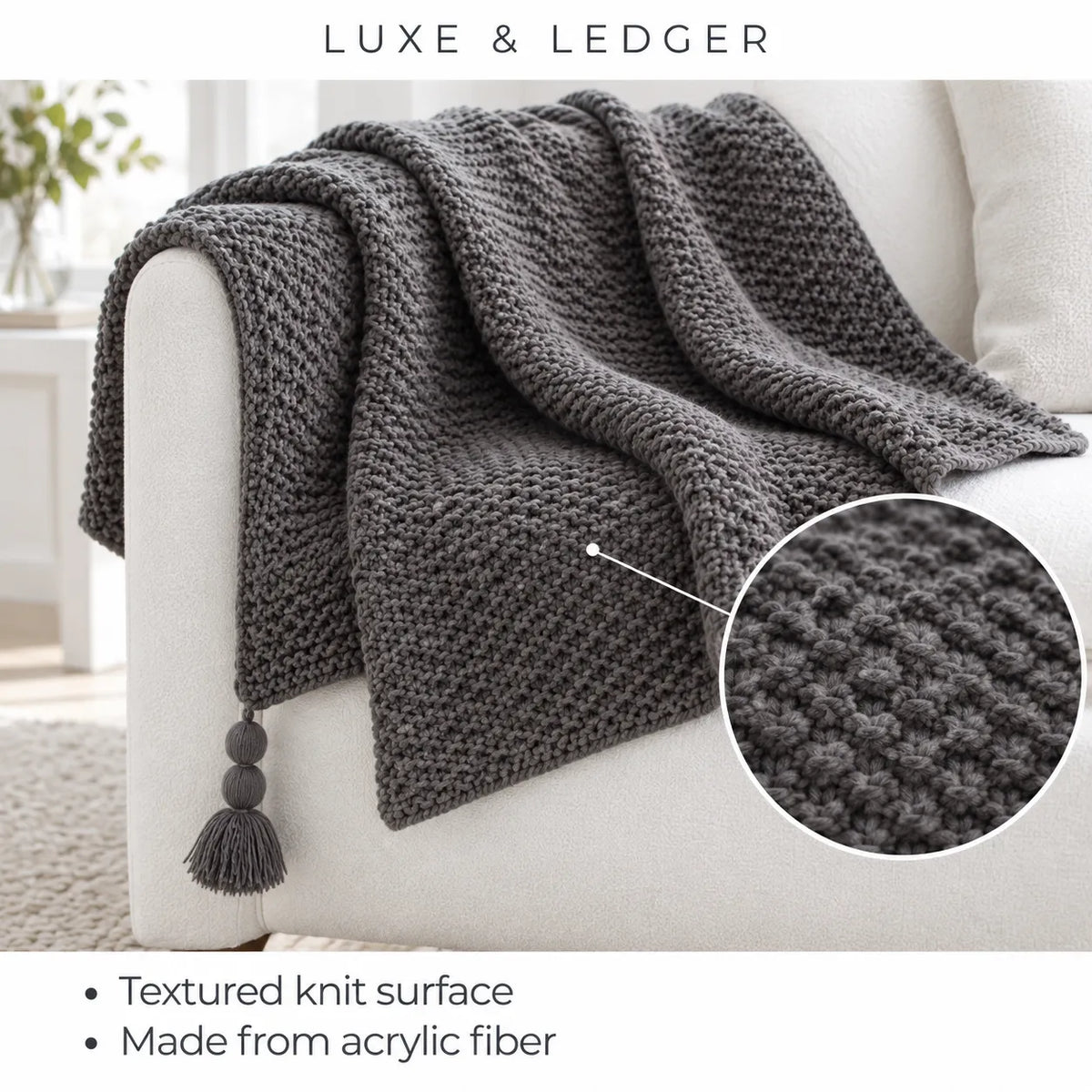 A dark gray chunky-knit throw blanket draped over a white armchair, with a circular inset showing a close-up of the knit texture. Text at the top reads 'LUXE & LEDGER' and text at the bottom lists 'Textured knit surface' and 'Made from acrylic fiber'.