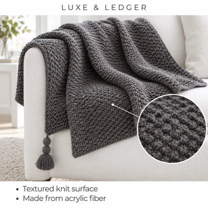 A dark gray chunky-knit throw blanket draped over a white armchair, with a circular inset showing a close-up of the knit texture. Text at the top reads 'LUXE & LEDGER' and text at the bottom lists 'Textured knit surface' and 'Made from acrylic fiber'.