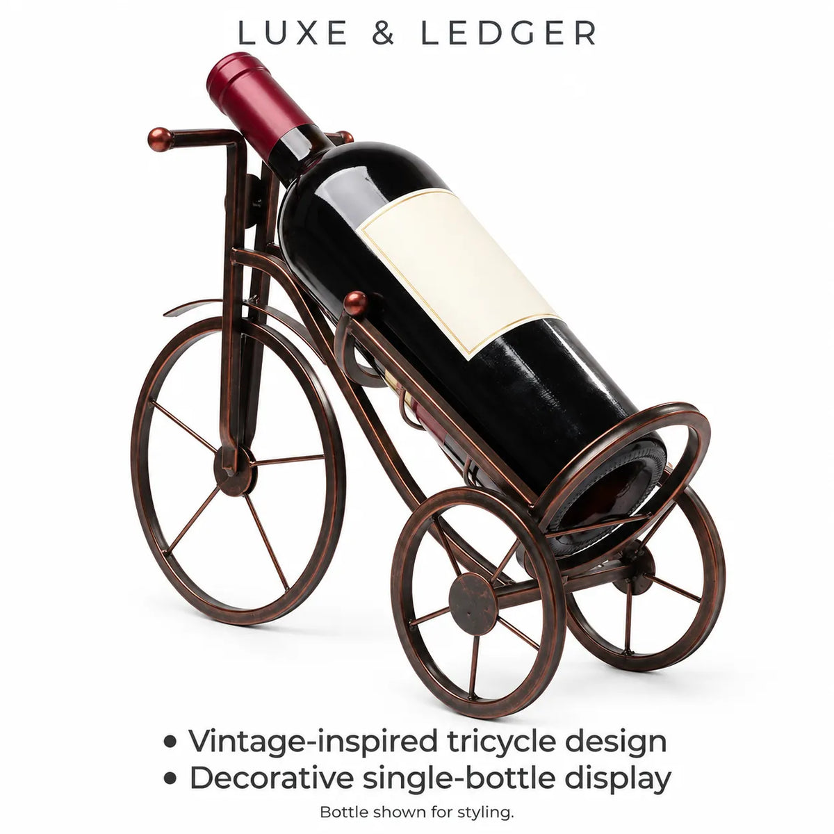 A wine bottle displayed on a vintage-style tricycle stand against a white background, with the text 'LUXE & LEDGER' at the top and feature bullet points at the bottom.