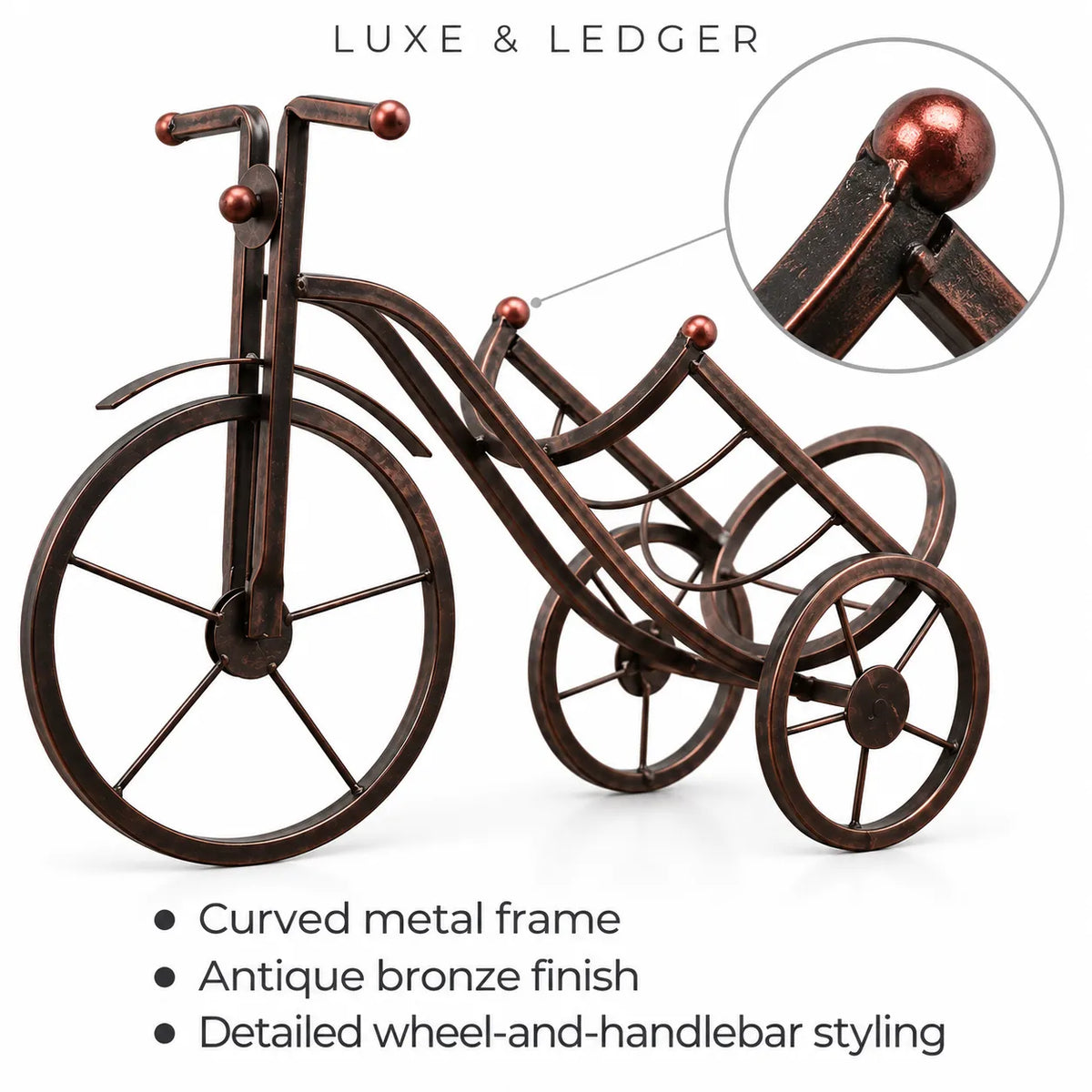 Metallic bicycle-style decorative sculpture with an antique bronze finish, shown on a white background with text reading 'LUXE & LEDGER' and feature bullet points below. An inset circle highlights a close-up of the handlebar joint.