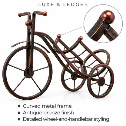 Metallic bicycle-style decorative sculpture with an antique bronze finish, shown on a white background with text reading 'LUXE & LEDGER' and feature bullet points below. An inset circle highlights a close-up of the handlebar joint.
