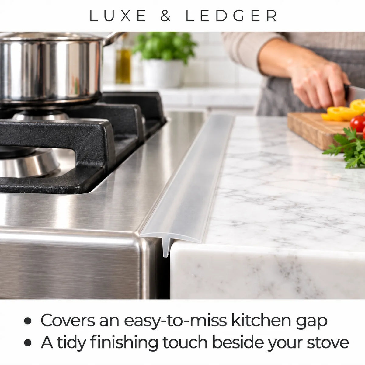 A clear kitchen splash guard strip shown installed along the edge of a stainless steel gas stove, with a white marble countertop beside it. A blurred kitchen scene and a person's hand are visible in the background, with text at the top reading 'LUXE & LEDGER' and bullet points at the bottom describing the product.