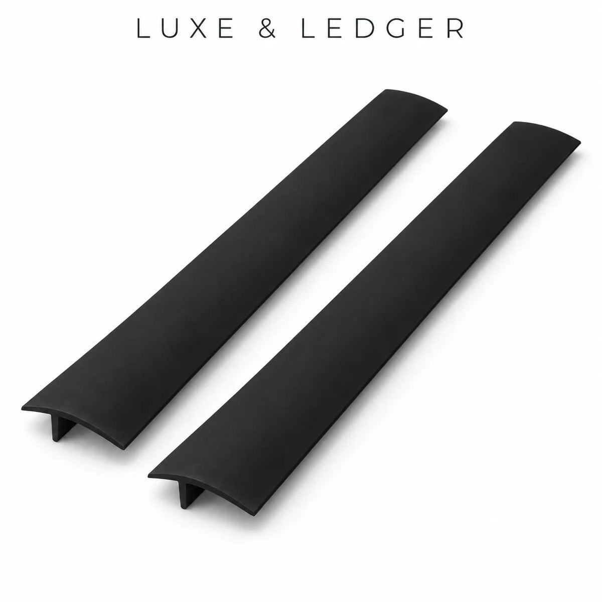 Two long black silicon drawer divider bars shown on a clean white background, with the text 'LUXE & LEDGER' printed above.