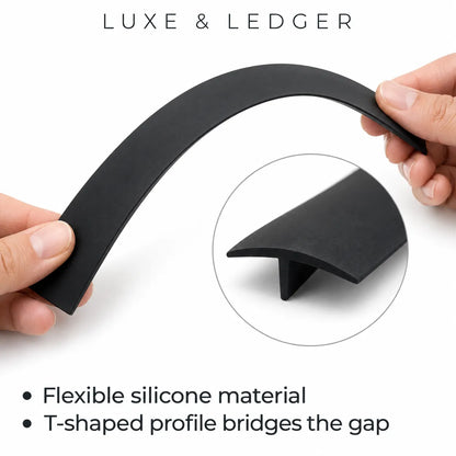 A person holds a black flexible silicone cabinet pull handle in an arch shape, with a circular inset showing the T-shaped profile detail. Text at the top reads 'LUXE & LEDGER' and bullet points mention flexible silicone material and bridging the gap.
