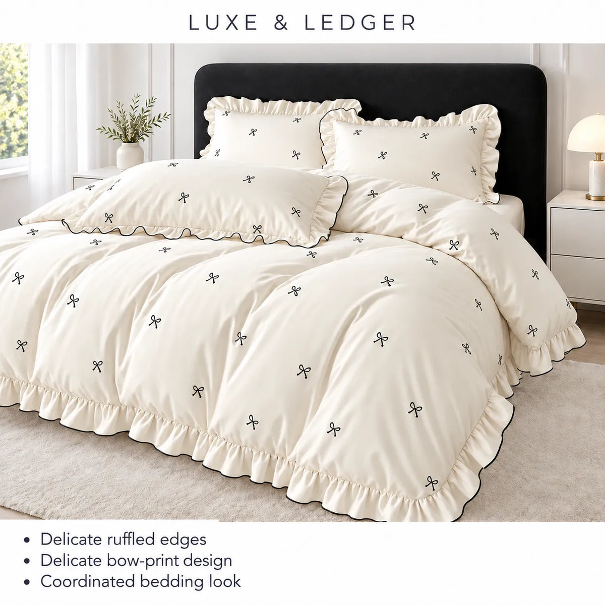 An off-white bedding set with black bow prints and ruffled edges, styled on a bed with a black headboard. The image includes a 'LUXE & LEDGER' brand banner at the top and a feature list at the bottom.