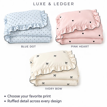 Three folded bedding sets on a white background with text labels: blue dot, pink heart, and ivory bow. The top reads 'LUXE & LEDGER' and the bottom includes bullet points about choosing a favorite print and ruffled detail across every design.