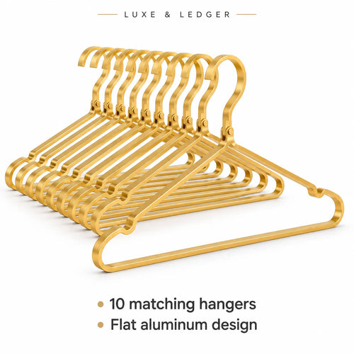 Ten gold-colored flat aluminum hangers arranged in a fan shape on a white background, with text overlays reading 'LUXE & LEDGER' at the top and '10 matching hangers' and 'Flat aluminum design' at the bottom.