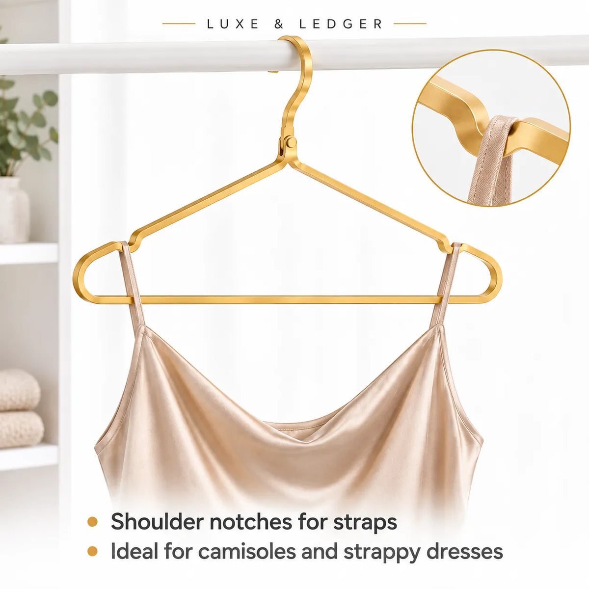 A gold metal hanger with shoulder notch details, shown holding a champagne satin camisole. The image includes a circular inset detail of the gold metal and a text overlay at the top reading 'LUXE & LEDGER' and bullet points at the bottom describing the hanger features.