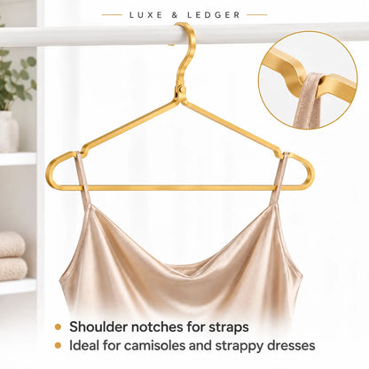 A gold metal hanger with shoulder notch details, shown holding a champagne satin camisole. The image includes a circular inset detail of the gold metal and a text overlay at the top reading 'LUXE & LEDGER' and bullet points at the bottom describing the hanger features.