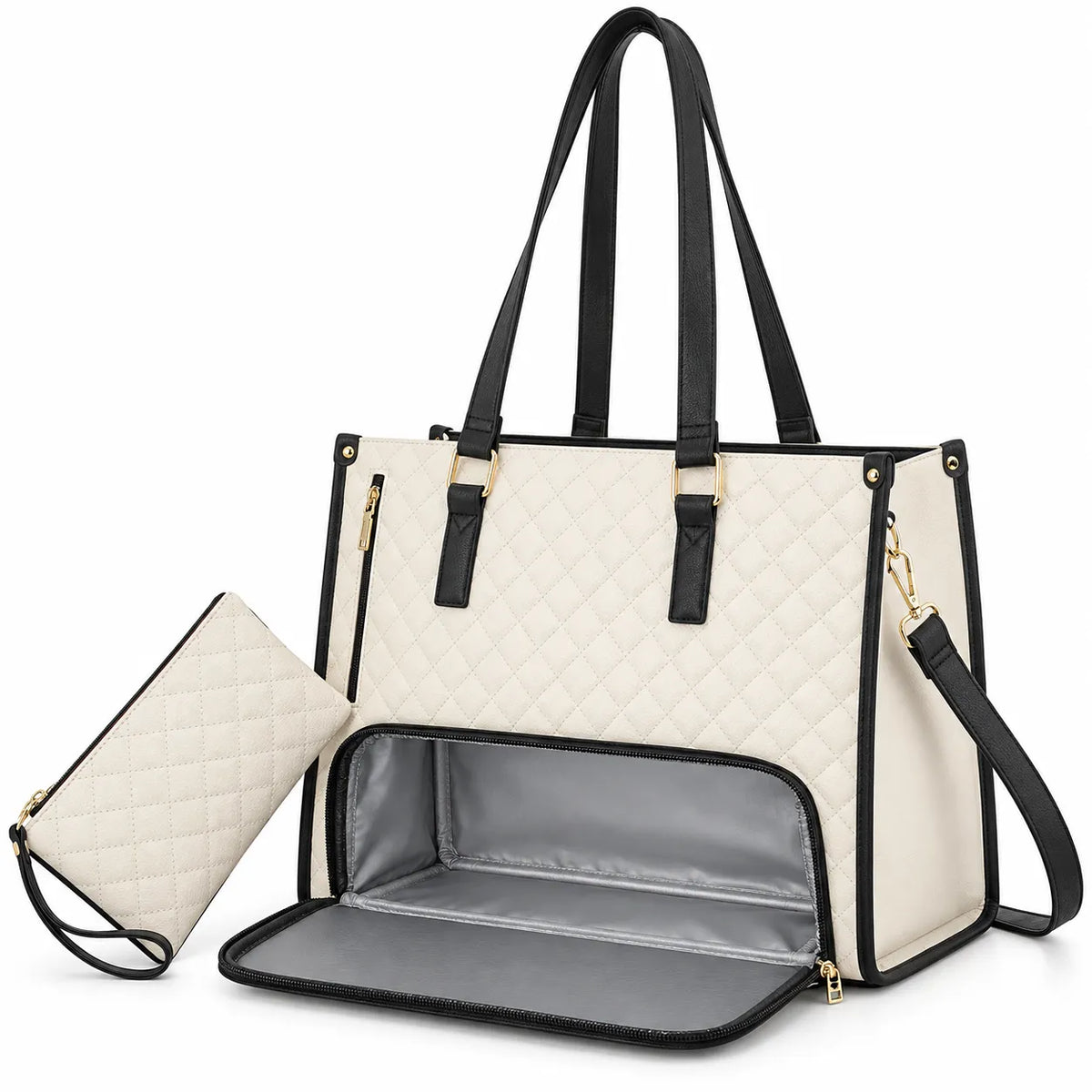 An off-white quilted tote bag with black trim, black handles, and an open front pocket showing a gray interior, alongside a matching quilted wristlet pouch on a white background.