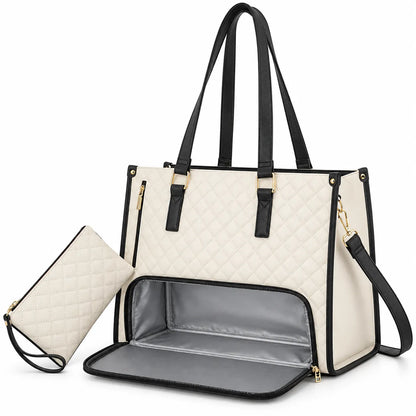 An off-white quilted tote bag with black trim, black handles, and an open front pocket showing a gray interior, alongside a matching quilted wristlet pouch on a white background.