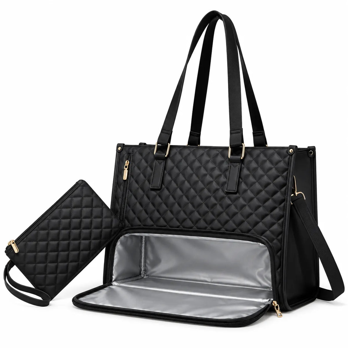 A black quilted tote bag with an open front compartment showing a silver interior, alongside a matching black quilted wristlet pouch with gold-tone hardware, on a white background.