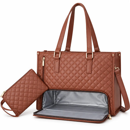A brown quilted tote bag with dual top handles, a detachable shoulder strap, and an open front zip compartment showing a gray interior. A matching quilted wristlet pouch is placed beside it on a clean white background.