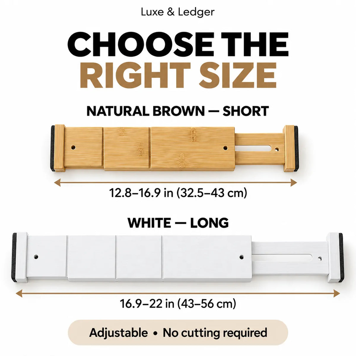 Size guide graphic for Luxe & Ledger adjustable wall brackets, showing two options: a short natural brown bamboo version measuring 12.8-16.