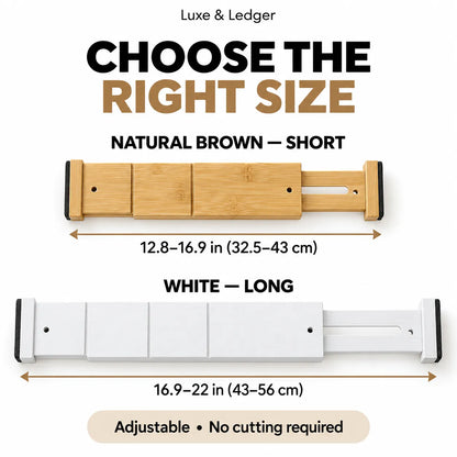 Size guide graphic for Luxe & Ledger adjustable wall brackets, showing two options: a short natural brown bamboo version measuring 12.8-16.