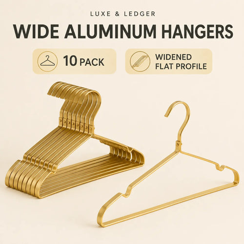 Ten-pack of wide aluminum hangers in a metallic gold finish, displayed on a light beige background with promotional text overlays.