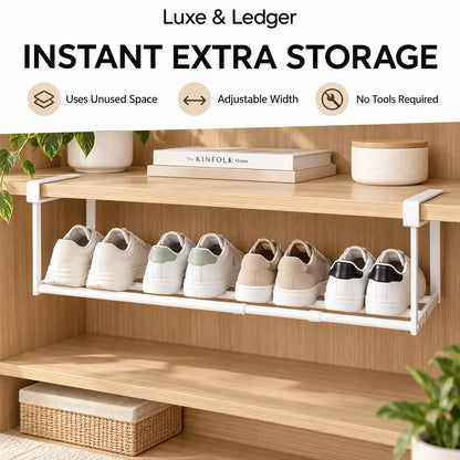 White wall-mounted shoe storage shelf mounted on a wooden shelf, holding multiple pairs of shoes. The image includes promotional text at the top: 'Luxe & Ledger INSTANT EXTRA STORAGE' with feature icons.
