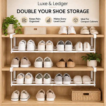A wooden shoe cabinet with white metal and plastic shelf supports holding multiple pairs of shoes on three tiers. The image includes marketing text at the top reading 'Luxe & Ledger DOUBLE YOUR SHOE STORAGE' with feature icons, plus small potted plants and a woven basket as styling props.