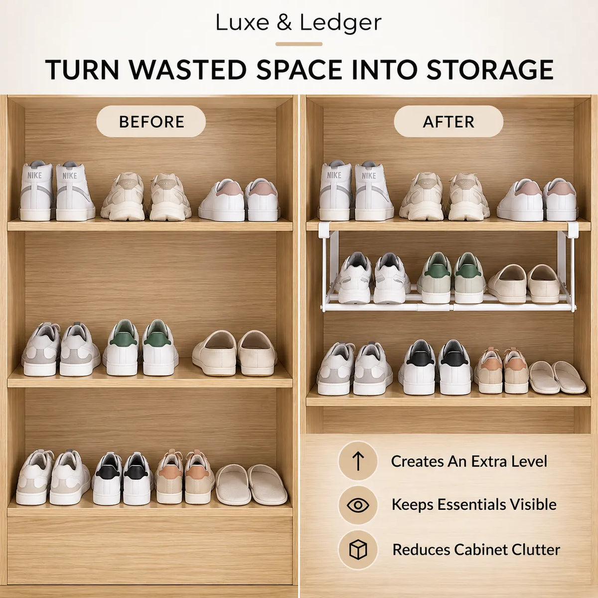 A before-and-after comparison showing a wooden shoe cabinet organizer. The left side, labeled BEFORE, shows shoes arranged on three shelves.