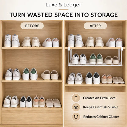 A before-and-after comparison showing a wooden shoe cabinet organizer. The left side, labeled BEFORE, shows shoes arranged on three shelves.