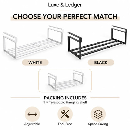 A product information graphic for a Luxe & Ledger telescoping hanging shelf, showing two views of the same shelf in white and black, with text reading 'CHOOSE YOUR PERFECT MATCH,' 'WHITE,' and 'BLACK,' plus a smaller inset of the shelf and feature icons for adjustable, tool-free, and space-saving use.