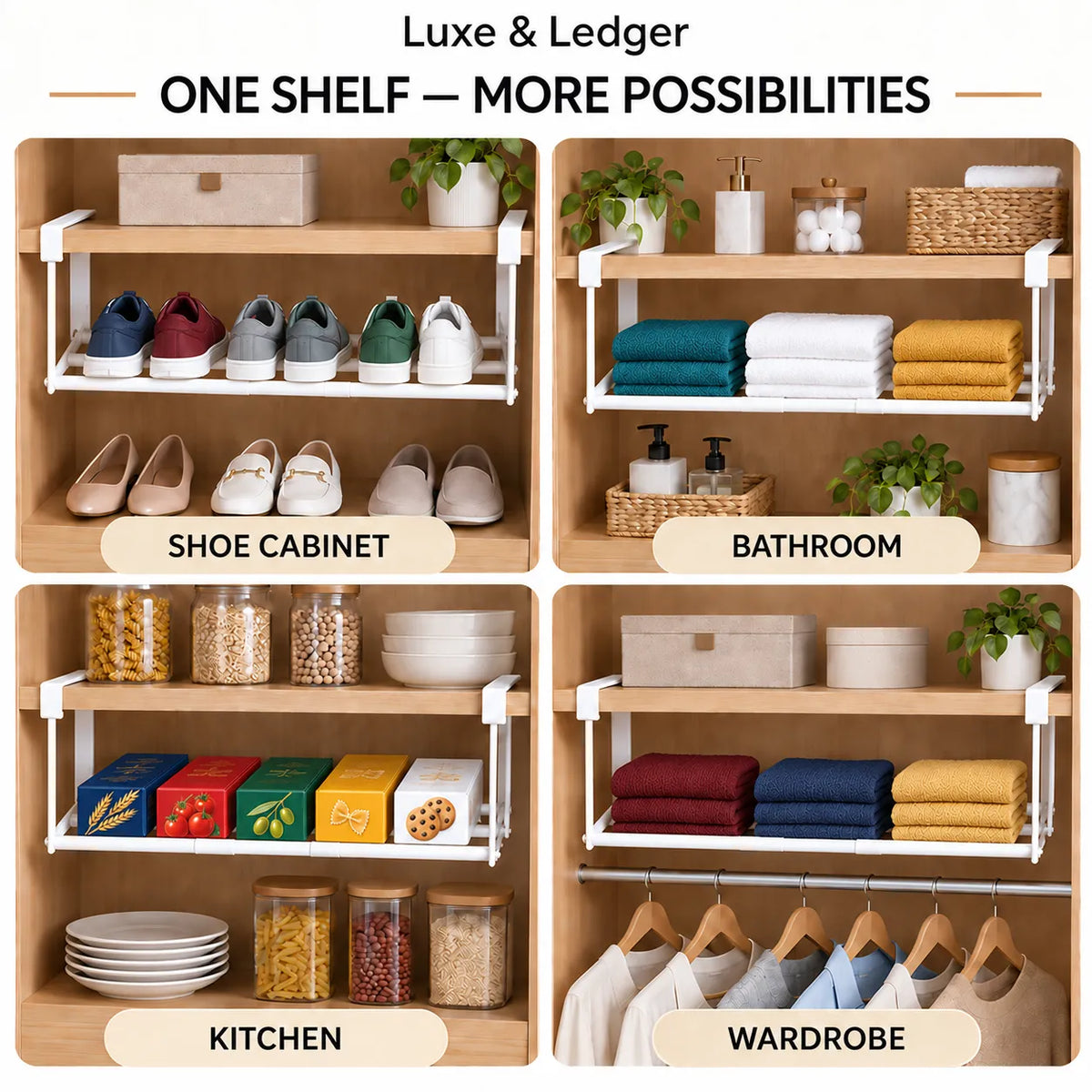 A 2x2 promotional collage showing a wooden two-shelf organizer mounted in different real environments: shoe cabinet, bathroom, kitchen, and wardrobe. The shelves are styled with shoes, folded towels, jars, plates, and hanging clothes.