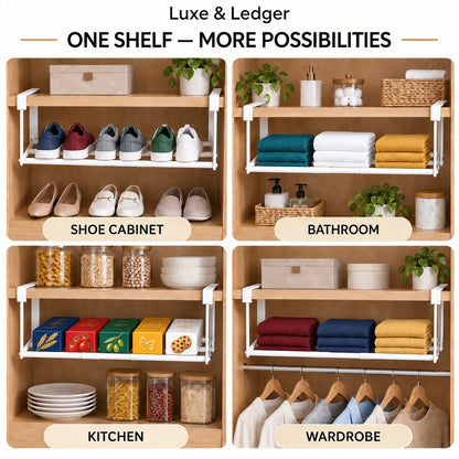 A 2x2 promotional collage showing a wooden two-shelf organizer mounted in different real environments: shoe cabinet, bathroom, kitchen, and wardrobe. The shelves are styled with shoes, folded towels, jars, plates, and hanging clothes.