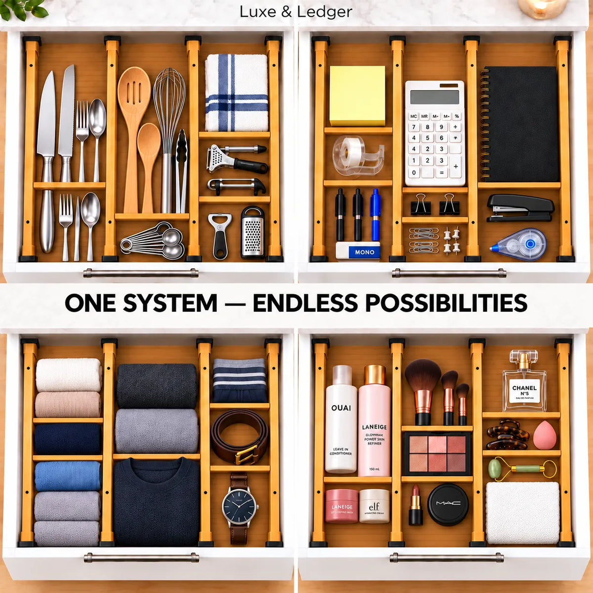 Four organized drawers shown in a 2x2 collage with the text 'ONE SYSTEM — ENDLESS POSSIBILITIES' and 'Luxe & Ledger' at the top. The drawers contain neatly arranged kitchen utensils, stationery, folded clothing, and cosmetics, all within light wood organizer compartments.