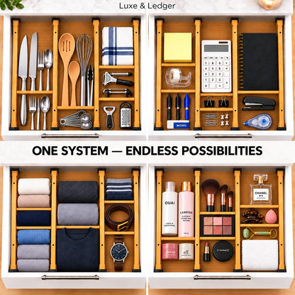 Four organized drawers shown in a 2x2 collage with the text 'ONE SYSTEM — ENDLESS POSSIBILITIES' and 'Luxe & Ledger' at the top. The drawers contain neatly arranged kitchen utensils, stationery, folded clothing, and cosmetics, all within light wood organizer compartments.