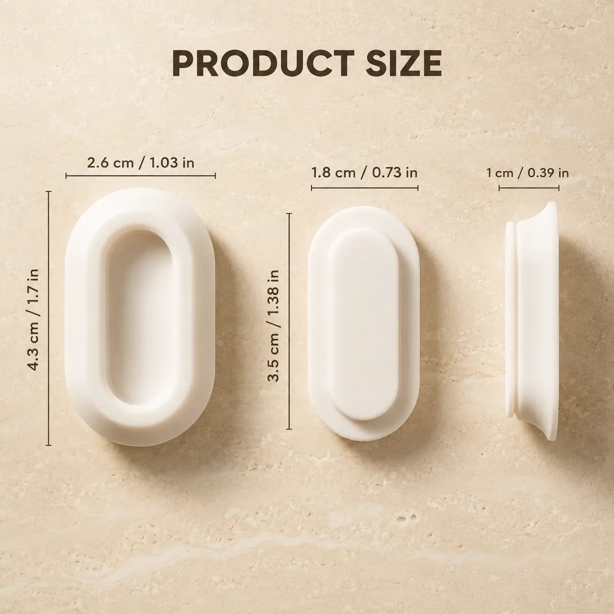 Three white oval-shaped adhesive hooks shown on a beige stone-like background with dimension labels and the text 'PRODUCT SIZE' above them.