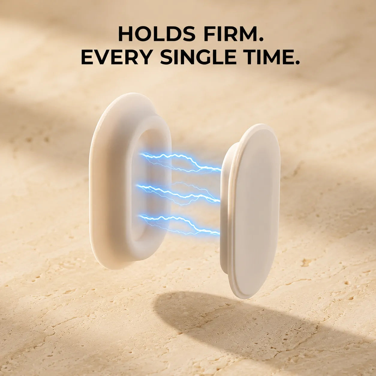 Two white oval magnetic wall hooks floating on a beige stone-textured surface with blue electric spark graphics between them and the text 'HOLDS FIRM. EVERY SINGLE TIME.