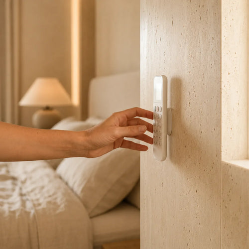 A hand pressing buttons on a white wall-mounted remote control in a softly lit bedroom with beige walls and a bed in the background.