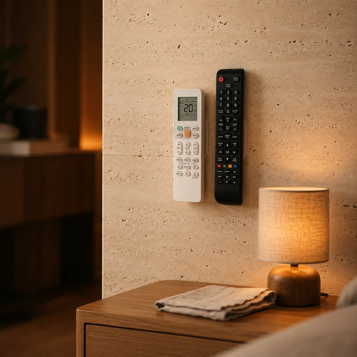 A wall-mounted white and black remote control set on a textured beige wall above a wooden nightstand with a lit lamp.