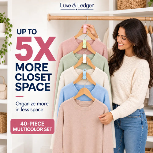 A woman in a cream sweater and blue jeans stands in a closet holding a stack of pastel sweaters on wooden hangers with colorful closet organizer clips. Large text reads 'UP TO 5X MORE CLOSET SPACE' and '40-Piece Multicolor Set,' with the Luxe & Ledger brand at the top.