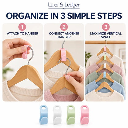 Luxe & Ledger hanger organizer set shown in a three-step instructional layout: attach to hanger, connect another hanger, and maximize vertical space with multiple layered hangers. Four small color variants are shown below on a white background.