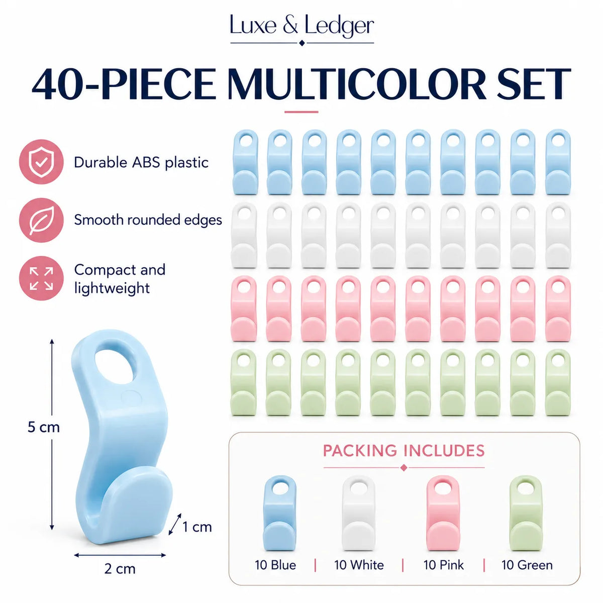 A product infographic for a Luxe & Ledger 40-piece multicolor set of small plastic clips or fasteners. The image shows a blue sample piece with dimensions, feature callouts in red icons, a grid of all 40 pieces in blue, white, pink, and green, and a 'Packing Includes' summary at the bottom.