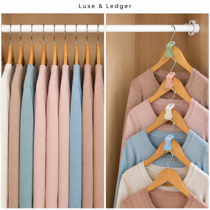 A split-panel product demonstration showing a set of pastel-colored hangers with animal-shaped hooks. The left panel shows the hangers empty, hanging on a white closet rod with various colored sweaters.