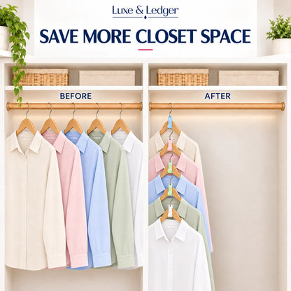 A closet organization comparison graphic showing shirts hanging on a wooden rod. On the left, labeled BEFORE, five shirts in cream, pink, light blue, sage green, and white hang side by side.