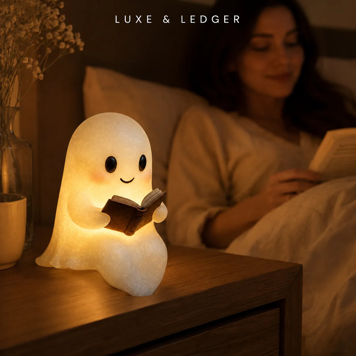 A cute ghost-shaped night light reading a book on a wooden bedside table, with a woman reading in bed blurred in the background. The brand name 'LUXE & LEDGER' is visible at the top.