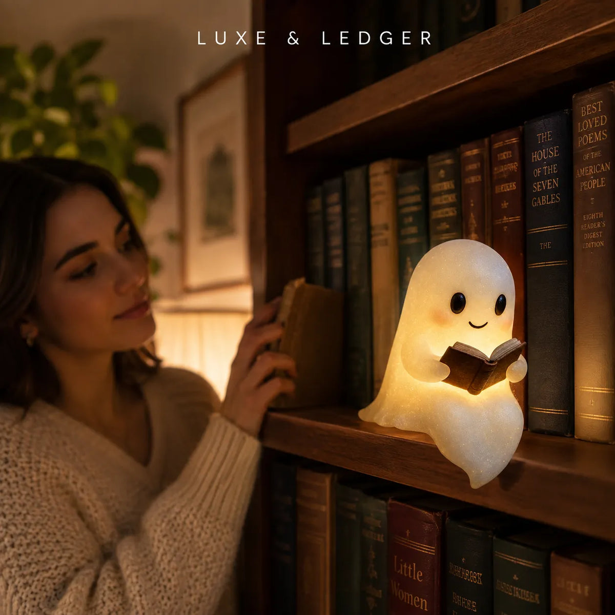 A cute ghost-shaped night light reading a book, placed on a wooden bookshelf next to a woman in a cozy room. The brand name 'LUXE & LEDGER' is visible at the top.