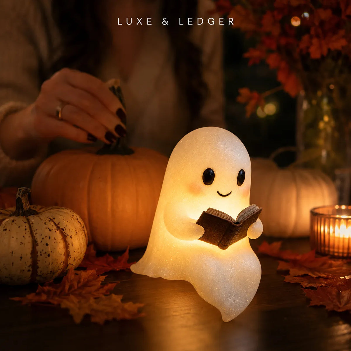 A cute ghost-shaped night light glowing with warm white light, sitting on a table and reading a small book. The scene is decorated for Halloween with pumpkins, autumn leaves, and a lit candle, with a person's hand visible in the background.